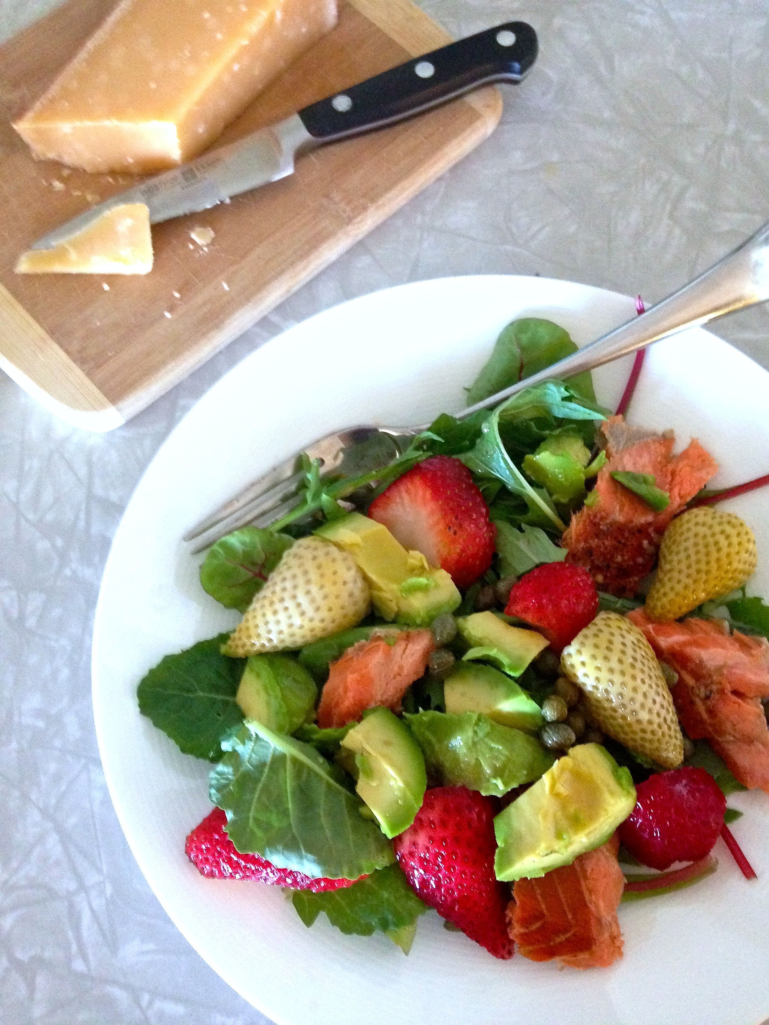 Strawberry Salmon Salad with Green Pickled Strawberries